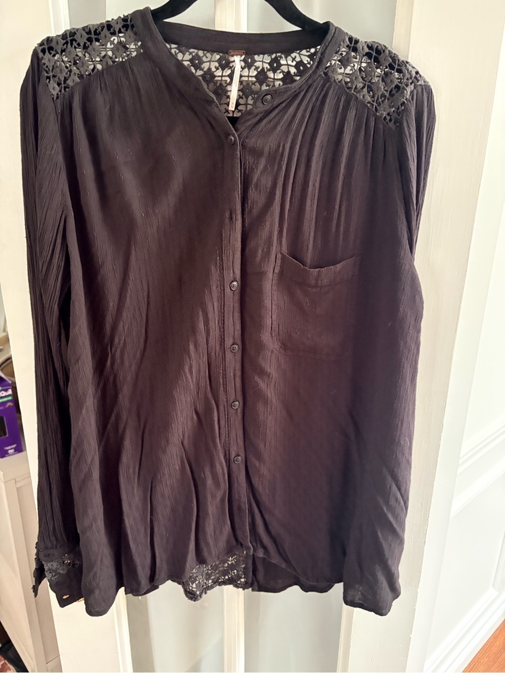 Free People Black Lace-Yoke Button-Down Shirt